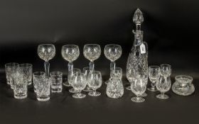 Collection of Crystal Glassware comprising of a tall decanter with a decorative pineapple stopper,