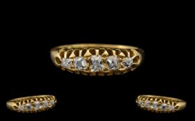 Antique Period 18ct Gold - Good Quality 5 Stone Diamond Set Ring, Gallery Setting with Full Hallmark