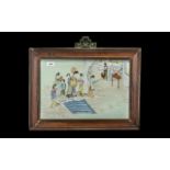 Chinese 20thC Painted Tile Picture depicting maidens in a celestial room setting; unsigned;