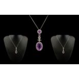 18ct White Gold Superb Quality Diamond and Amethyst Set Combined Necklace - Pendant Drop of