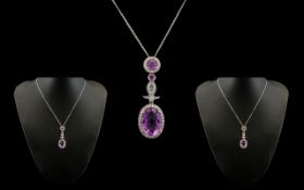 18ct White Gold Superb Quality Diamond and Amethyst Set Combined Necklace - Pendant Drop of