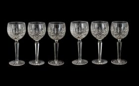 Waterford Crystal Set Of Six Cut Glass Hock Wine Glasses, Etched Mark To Base.