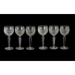 Waterford Crystal Set Of Six Cut Glass Hock Wine Glasses, Etched Mark To Base.