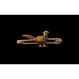 Antique Period Novelty 15ct Gold and Enamel Bird Brooch set with enamel pheasant figure to centre