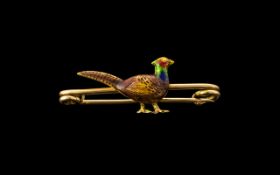 Antique Period Novelty 15ct Gold and Enamel Bird Brooch set with enamel pheasant figure to centre