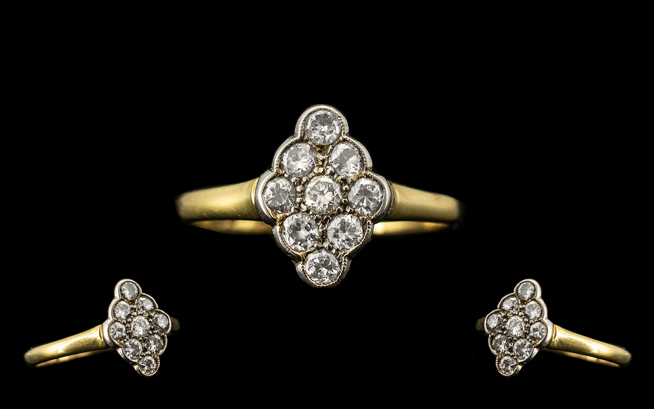 18ct Gold and Platinum Attractive 1930s Milgrain Set Diamond Dress Ring, marked 18ct and platinum,