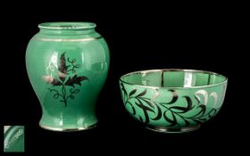 Wedgwood Silver Resist Art Pottery Green Glazed Vase and Bowl,