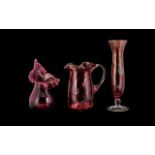 Cranberry Glass - 3 Pieces, comprising: Jug with dimple impression, measures 6'' tall; Bud Vase with