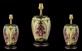 Moorcroft Tubelined Lamp Base 'Foxglove' Design. Designer Rachael Bishop, date 1993.