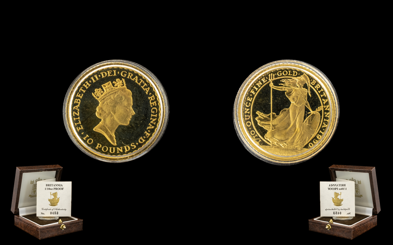 Royal Mint Britannia - Limited Numbered Edition Ten Pound Gold Proof Struck Coin, dated 1990,