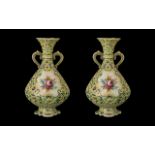 Pair of Japanese Noritake Type Vases of Bulbous Shape With Applied Handles,