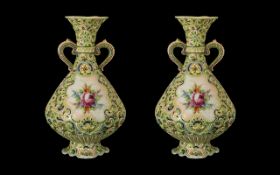 Pair of Japanese Noritake Type Vases of Bulbous Shape With Applied Handles,