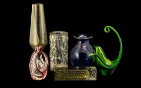 Collection of Glass Vases, Six in Total, comprising: Whitefriars style Bark effect vase,