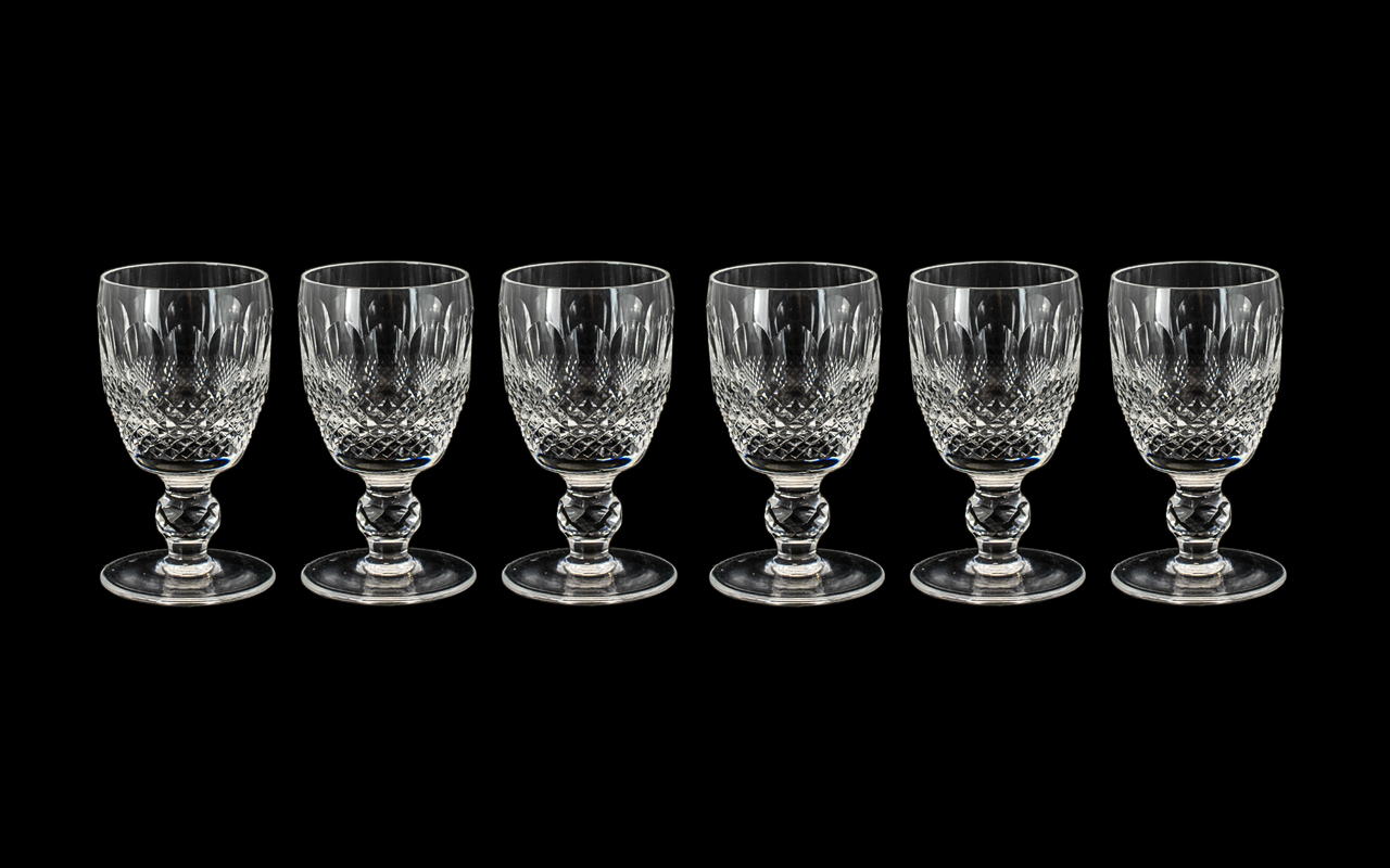 Waterford Signed Cut Crystal Set of Six Sherry Glasses 'Lisamore' Pattern.