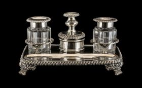 Antique Sheffield Plate Inkwell Stand circa 1820's with two shaped glass ink well bottles one for