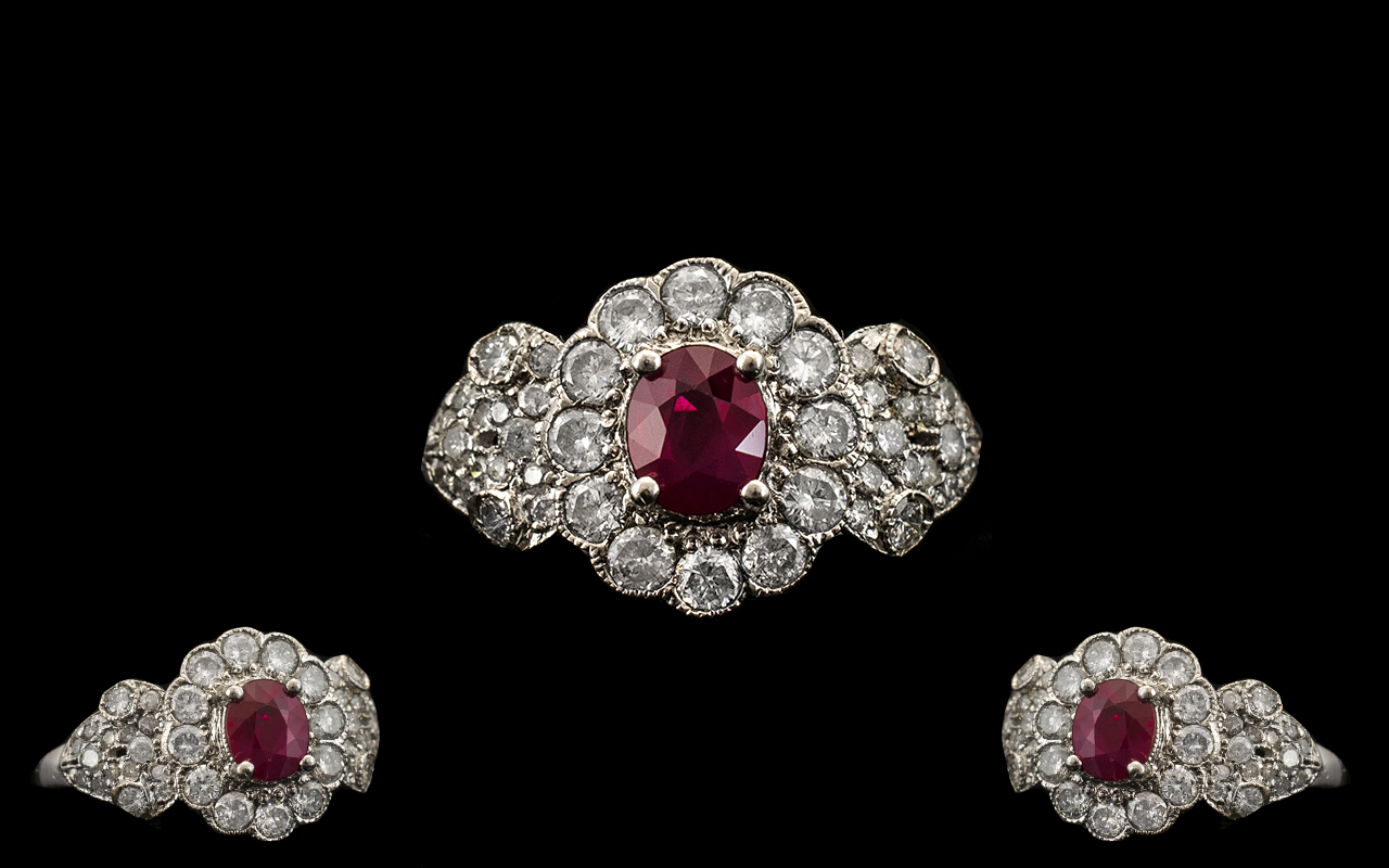 Ladies Attractive 18ct White Gold Ruby and Diamond Set Stylish Cluster Ring,