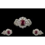 Ladies Attractive 18ct White Gold Ruby and Diamond Set Stylish Cluster Ring,