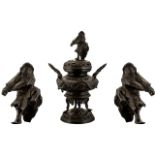 Large Japanese Meiji Period Cast Bronze Lidded Incense Burner, mounted on four elephant shaped legs;