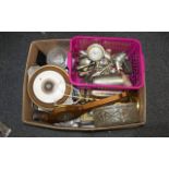 A Mixed Lot of Collectibles including silver plated cutlery, tureens, brass lamp, prints,