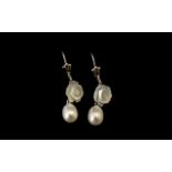 Fresh Water Pearl and Mother of Pearl Drop Earrings, single white ovoid pearls suspended below