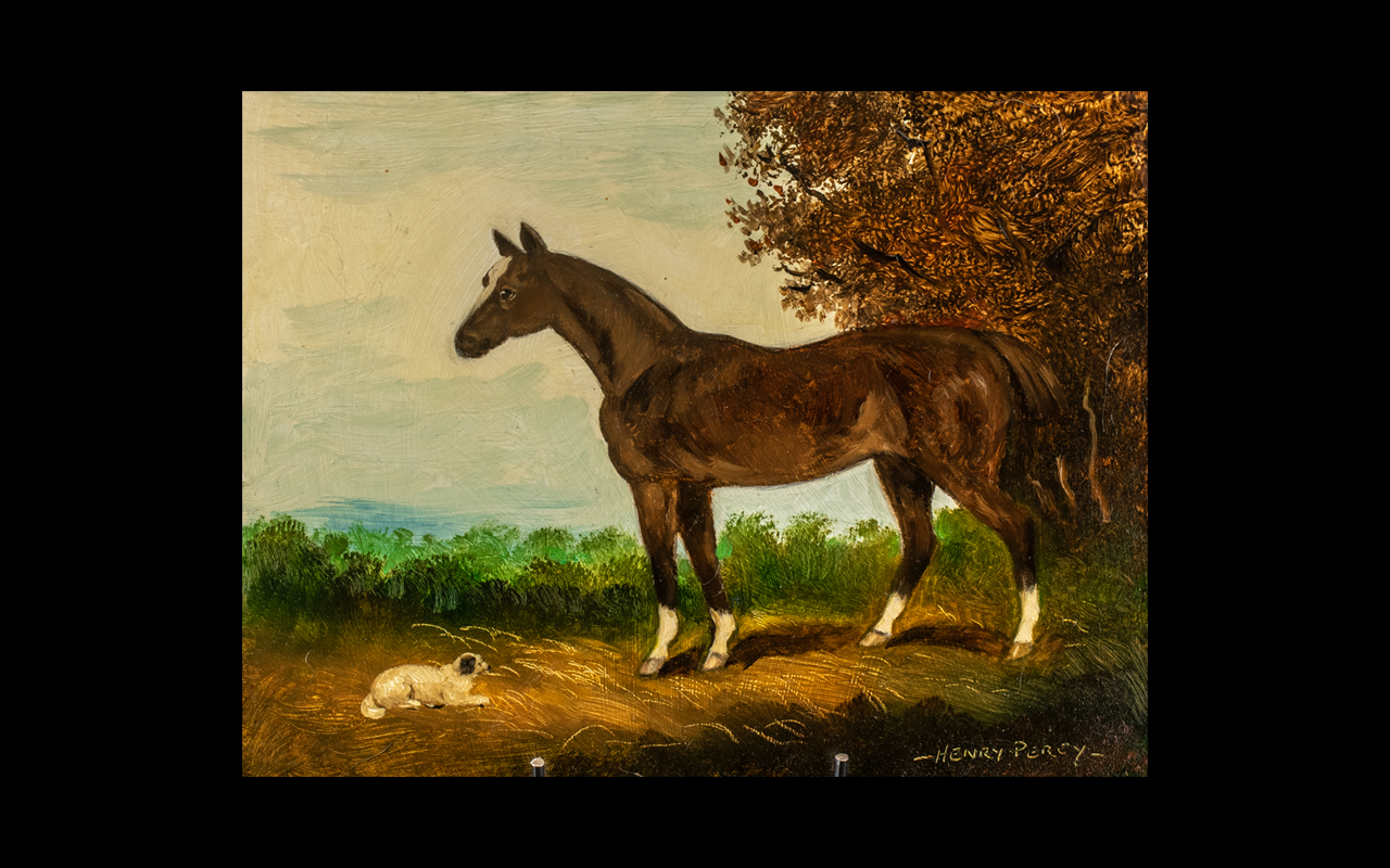 Oil on Board Depicting a Horse and Dog - signed Henry Percy to the bottom right. 9 x 7 inches.