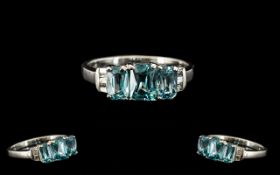 Natural Blue Zircon and Diamond Ring, three octagon cut blue zircons,