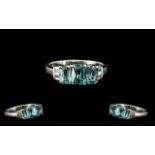 Natural Blue Zircon and Diamond Ring, three octagon cut blue zircons,