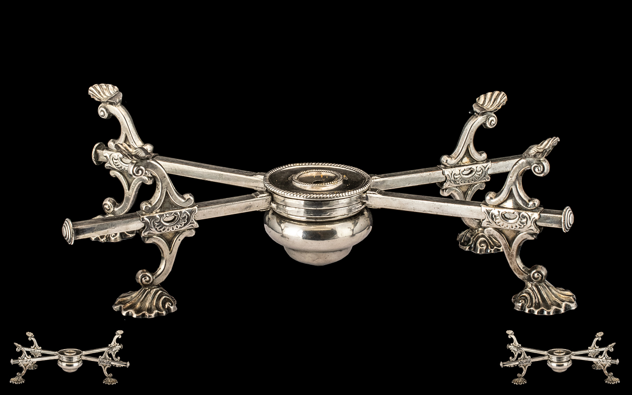 Unusual Antique Silver Plated Adjustable Travelling Entree Dish Stand with spirit burner;