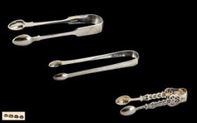 Small Collection of Antique Silver Sugar Tongs comprising Victorian period large sterling silver