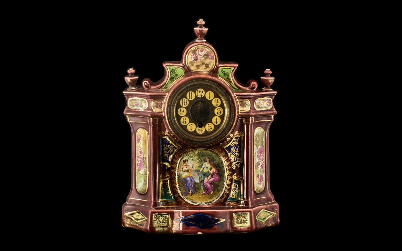 Large Edwardian Pottery Mantle Clock with printed panels of the Three Graces to centre.