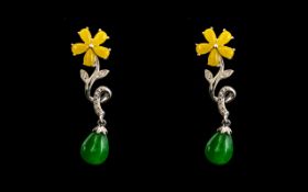 Green Jade Drop and Yellow Jade Flower Pendant Earrings,