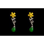 Green Jade Drop and Yellow Jade Flower Pendant Earrings,