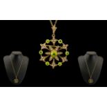 Antique Period Attractive and Superb 9ct Gold Peridot and Seed Pearl Pendant/Brooch with attached