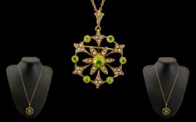 Antique Period Attractive and Superb 9ct Gold Peridot and Seed Pearl Pendant/Brooch with attached