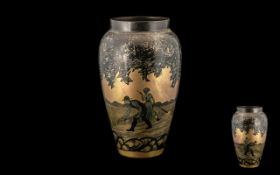 Unusual French Art Deco Brass and Etched Enamel Vase,