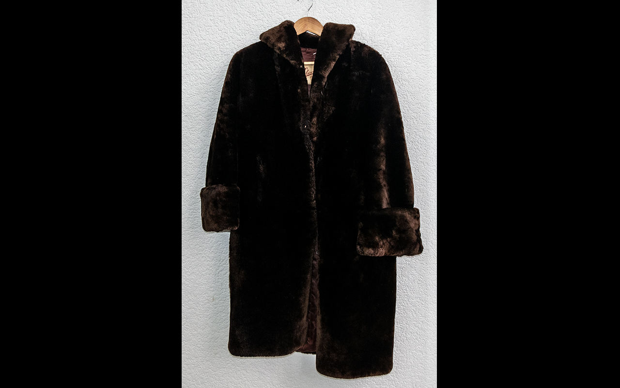 Clarenmure of London Faux Fur Full Length Brown Coat. shawl collar, roll back cuffs, hook and eye - Image 2 of 2