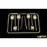 1920s Boxed Set of Six Silver Spoons with pair of matching sugar tongs, hallmarked Sheffield 1920,