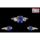 Platinum Set Superb Quality 3 Stone Sapphire and Diamond Set Dress Ring - marked 950 platinum.