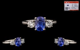 Platinum Set Superb Quality 3 Stone Sapphire and Diamond Set Dress Ring - marked 950 platinum.