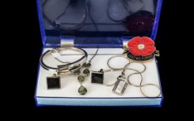 Box of Miscellaneous Costume Jewellery comprising poppy badge, pair of cufflinks,