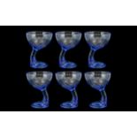 Set of Six Blue Glass Stemmed Sundae Dishes of unusual shape;