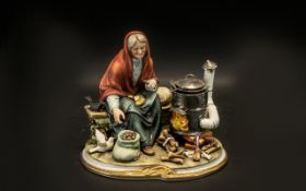 Capodimonte Statement Piece Woman Cooking Chestnuts. Handmade Italain porcelain figure by the