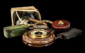 Box of Miscellaneous Items to include wooden barometer with engraved circular trim and thermometer