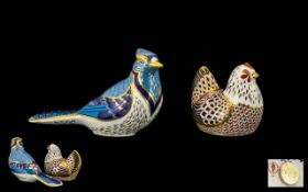 Royal Crown Derby Hand Painted Paperweights, two comprising 1/ 'Chicken' Nesting bird,