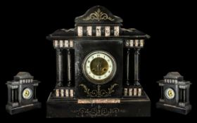 Japy Freres Paris Architectural Design Black Marble Mantle Clock with 8 day striking movement circa