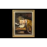 Small Oil Painting on Canvas Stuck to Board, of a young boy, fallen asleep whilst studying; framed,