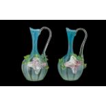 Pair of Victorian Blue Vaseline Glass Jugs, applied, to the body,