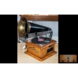 Vintage Oak Cased Classic Home Horned Phonograph c1980s combined digital audio record player and