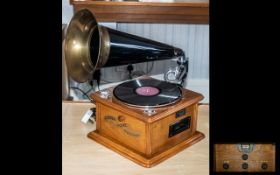 Vintage Oak Cased Classic Home Horned Phonograph c1980s combined digital audio record player and