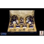 Royal Crown Derby Superb Quality 12 Piece Hand Painted Coffee Set in Cobalt blue and gold,